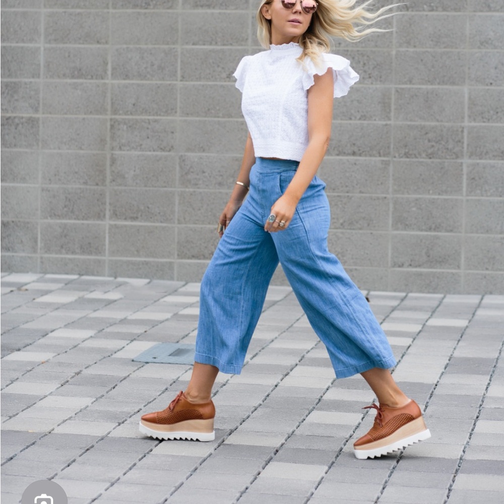 Chelsea & Theodore pants - blue chambray cropped wide leg pull on style
